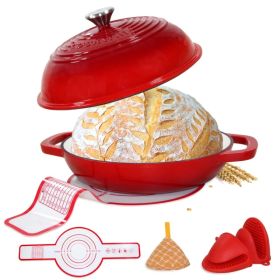 Enameled Cast Iron Dutch Oven With Lid,11" Bread Oven,6 Quart Enamel Bread Pan,Dutch Oven For Sourdough Baking-with Silicone Mat,Thick Enamel Ove (Option: Red)